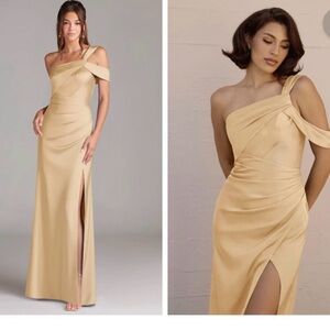 Gold One-Shoulder Satin Formal Gown w/ Slit – NWT